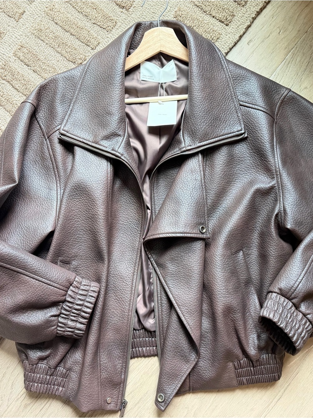 NWT OAK + FORT Dark Brown Vegan Leather Bomber Jacket - Picture 4 of 7